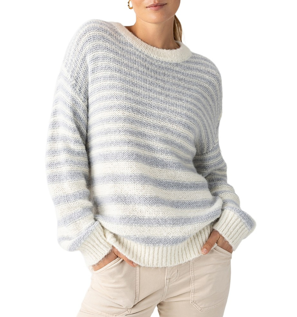 Sanctuary Women Fuzzy Long Sleeve Tunic Sweater Pearl Blue/ Chalk Stripe Size M